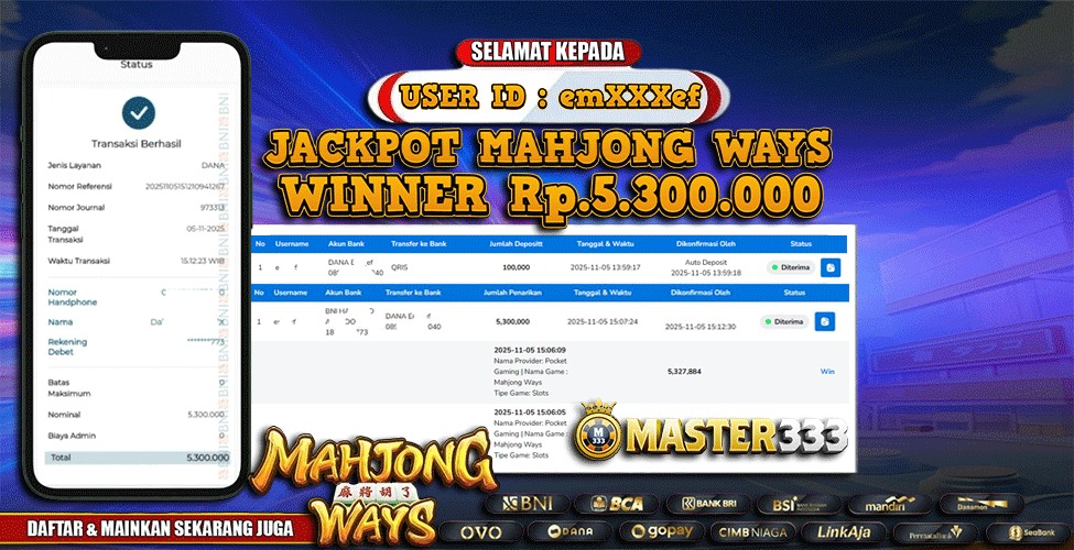 MASTER333 JACKPOT SLOT Mahjong Ways  Rp.5,300,000.,- LUNAS